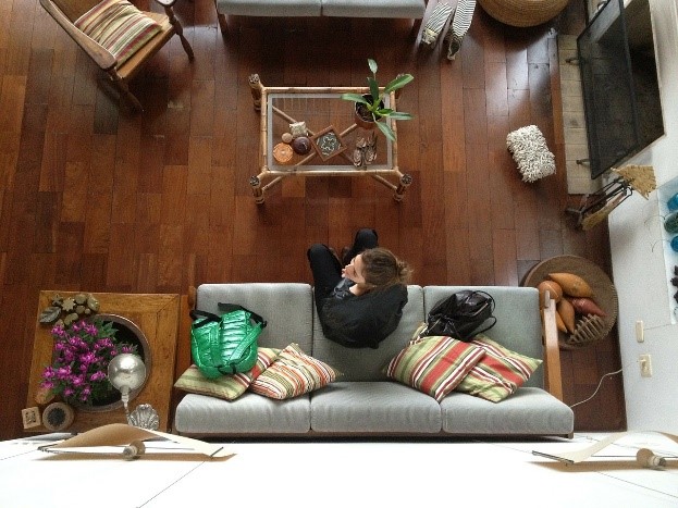 View on living room from perspective of ceiling fan